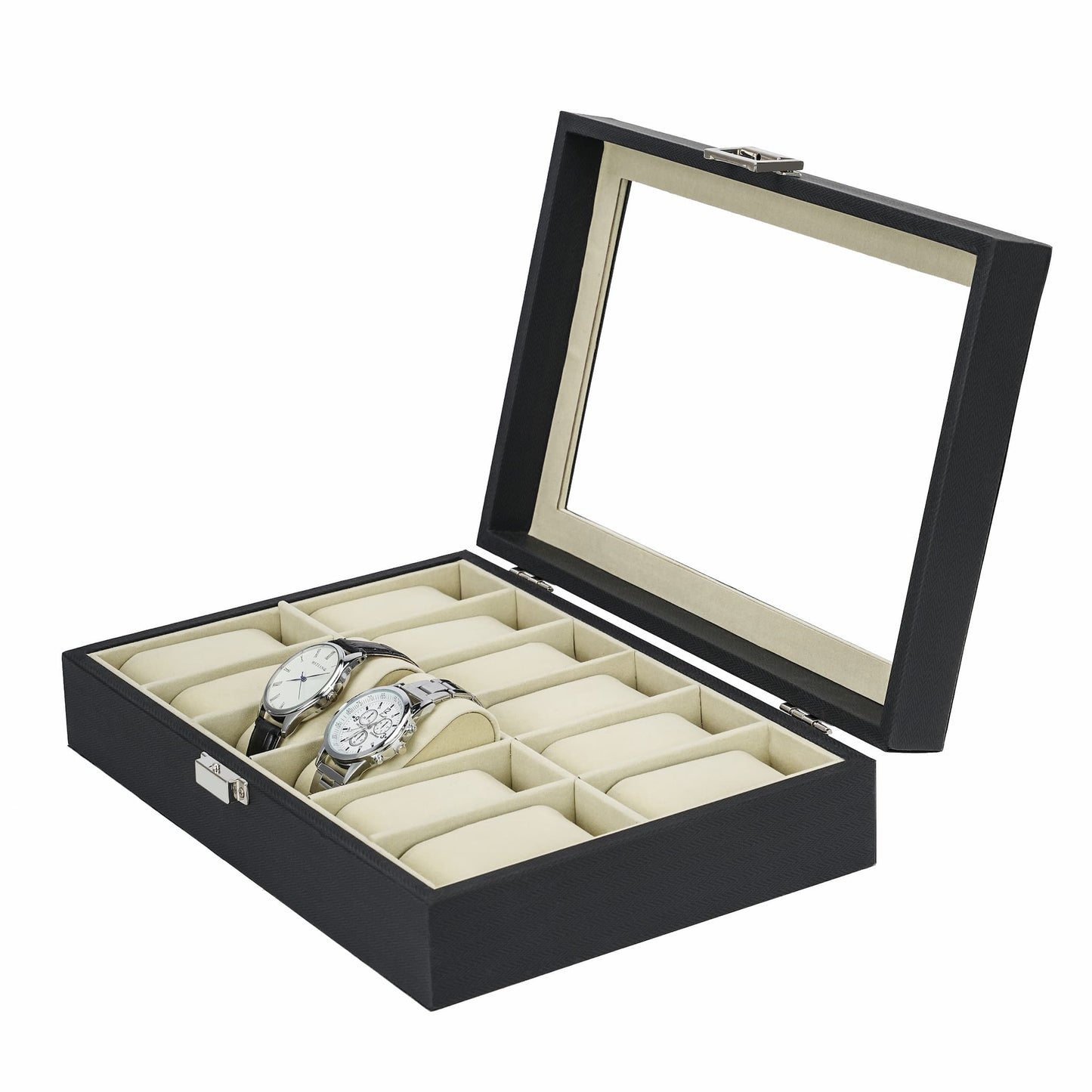 12 Slots Watch Organizer Case Black Herringbone PU Leather Watch Box with Real Glass Lid