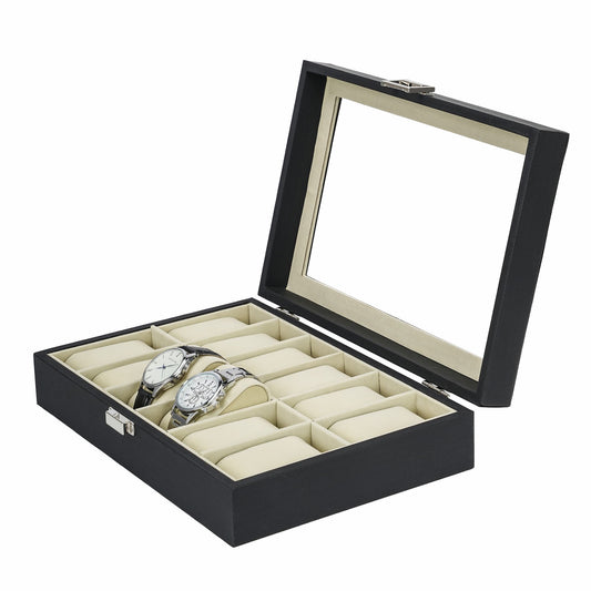 12 Slots Watch Organizer Case Black Herringbone PU Leather Watch Box with Real Glass Lid