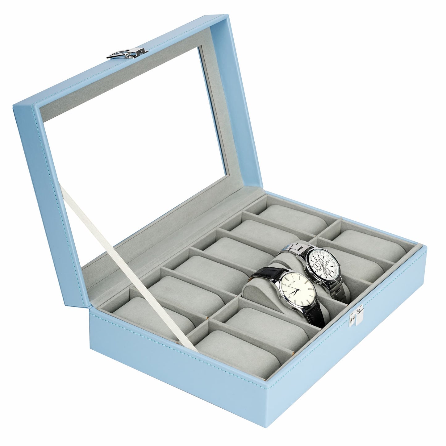 12 Slots High-end Blue PU Leather Watch Display Case with Real Glass Lid Men's Gift Watch Packaging Box