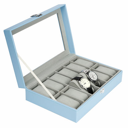 12 Slots High-end Blue PU Leather Watch Display Case with Real Glass Lid Men's Gift Watch Packaging Box