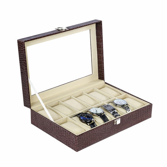 12 slots watch storage case brown crocodile grained pu leather watch  box with real glass lid