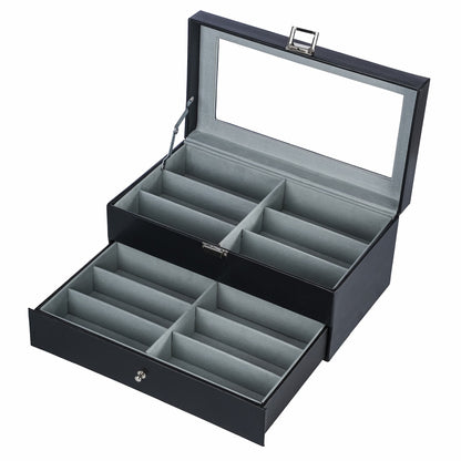 12 Slots Black Pinstripe Faux PU Leather Double Organizer Eyeglasses Storage Case