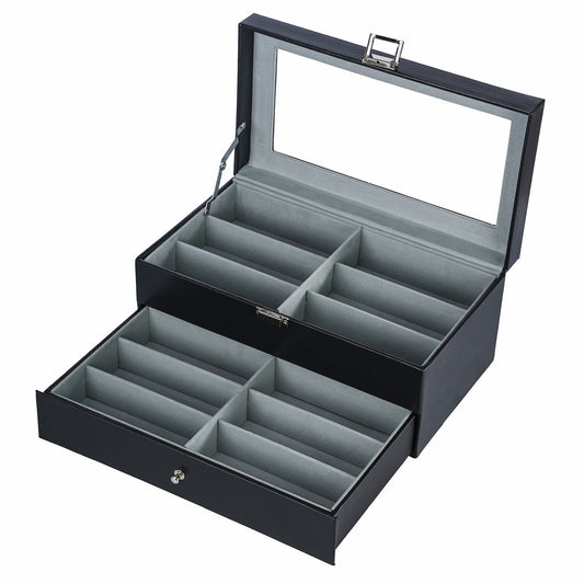 12 Slots Black Pinstripe Faux PU Leather Double Organizer Eyeglasses Storage Case