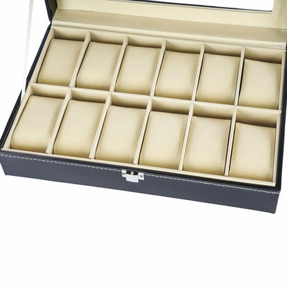 Watch box manufacturer supplied faux leather 12 slots watch storage organizer case with real glass lid
