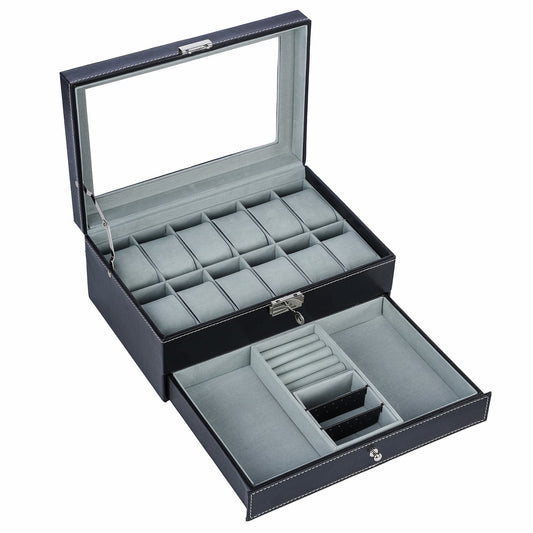 12 Slots Black Pinstripe Watch Box Storage Display Leather Jewellery Bracelet Necklace Ring Double Storage Case