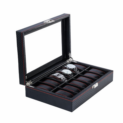 12-slot Professional Black Carbon Fiber Leather Wrist Watch Organizer Display Storage Box With Red Sewing