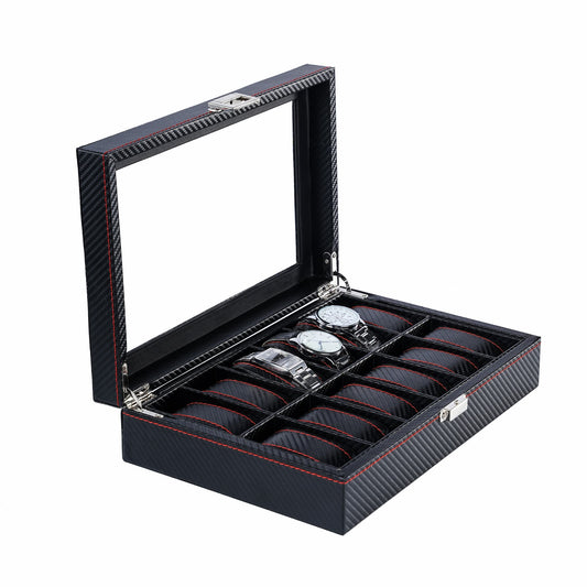 12-slot Professional Black Carbon Fiber Leather Wrist Watch Organizer Display Storage Box With Red Sewing
