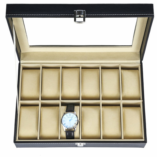 Watch box manufacturer supplied faux leather 12 slots watch storage organizer case with real glass lid