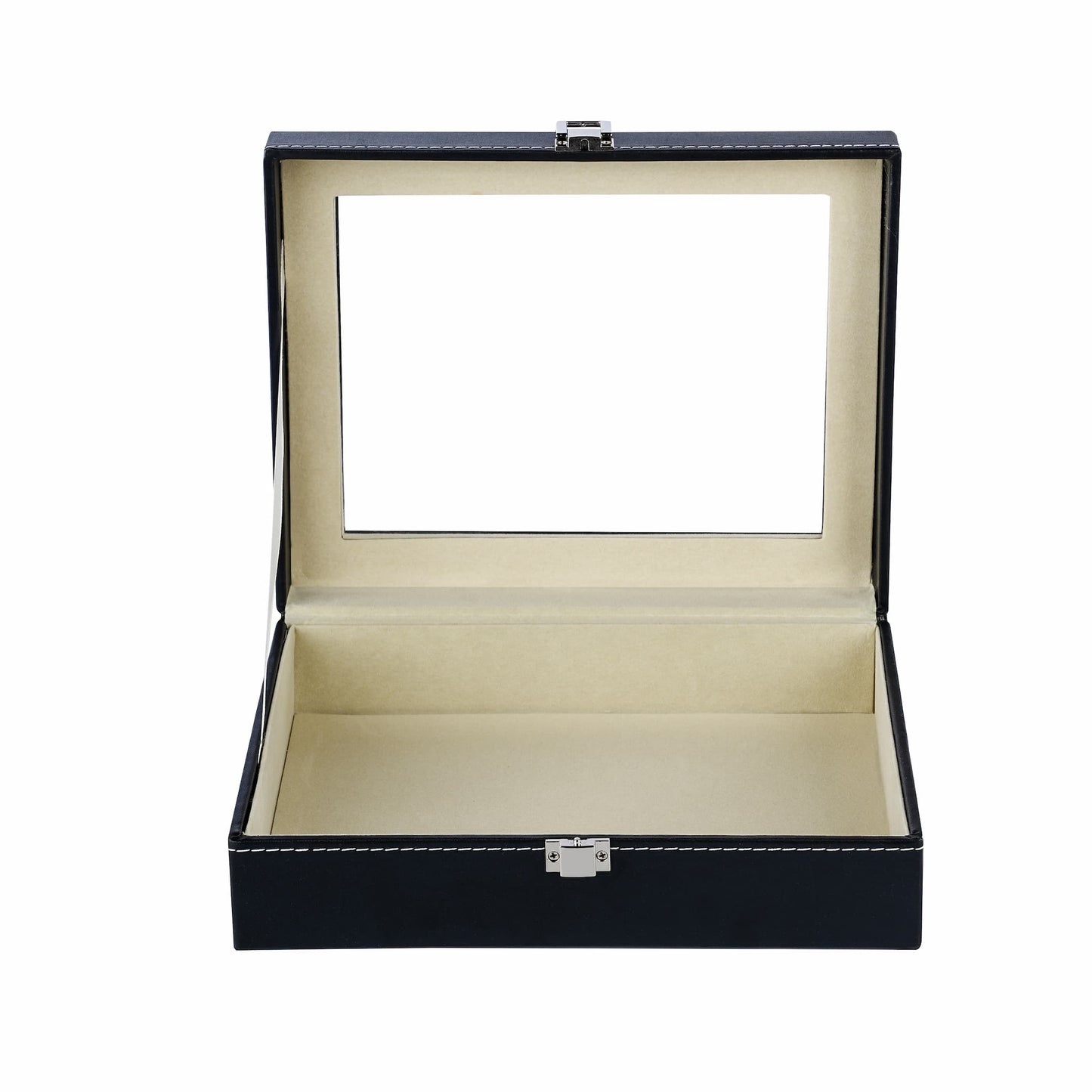Black faux leather black storage box with real glass lid, suit for watches, sunglasses and jewelries