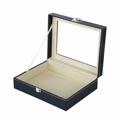 Black faux leather black storage box with real glass lid, suit for watches, sunglasses and jewelries