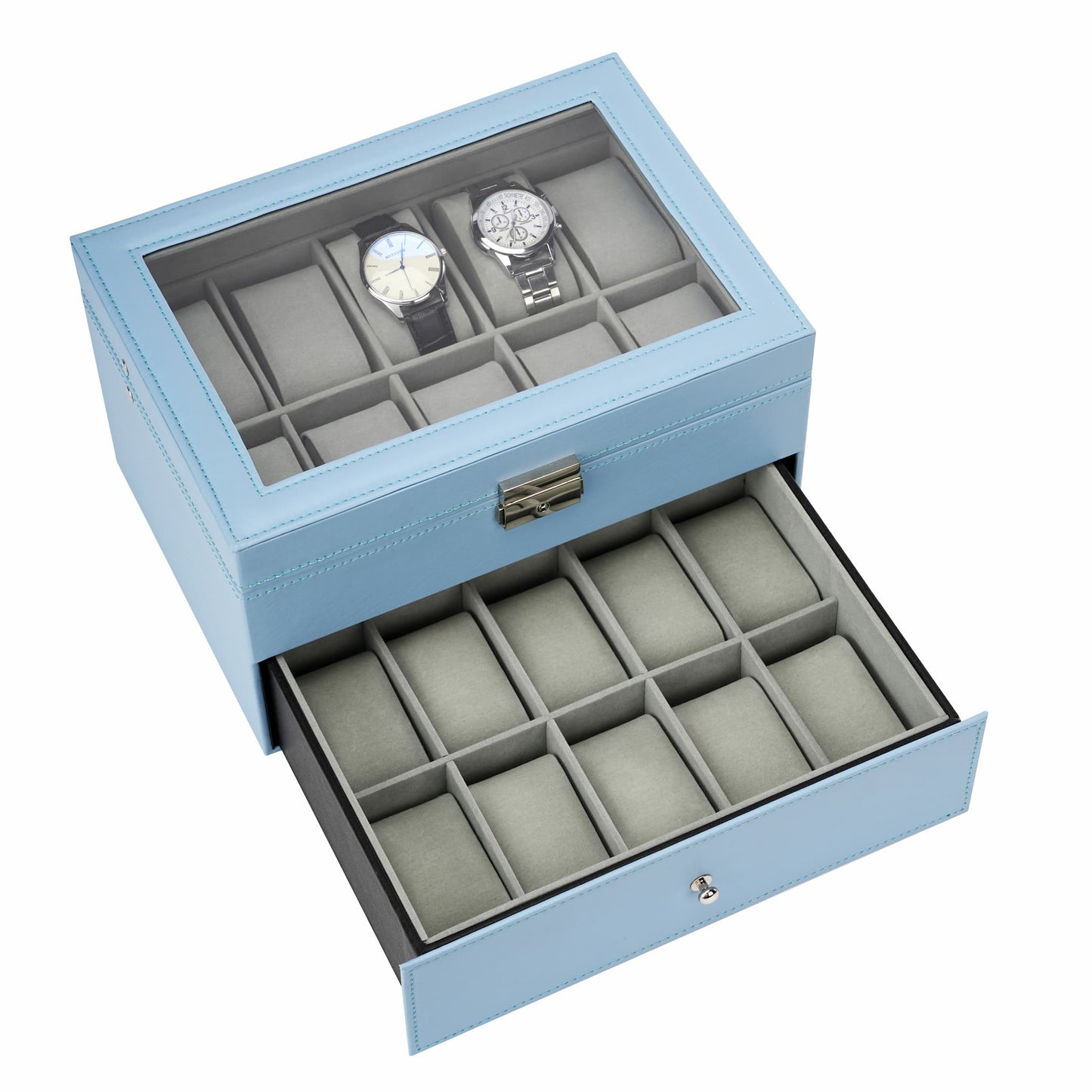 20 Compartments Double Layer Blue PU Leather Watch Organizer Box For Home Decoration