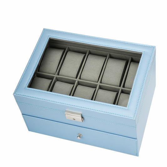 20 Compartments Double Layer Blue PU Leather Watch Organizer Box For Home Decoration