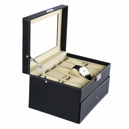 20 Slots Black Faux Pinstripe PU Leather Watch Organizer Double Layer Box