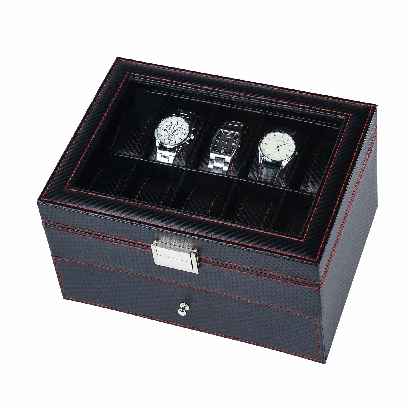 20 Slots Double Layer Black Carbon Fibre Polyurethane Watch Organizer Display Bpx with Red Sewing