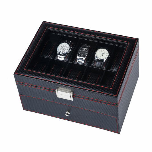 20 Slots Double Layer Black Carbon Fibre Polyurethane Watch Organizer Display Bpx with Red Sewing