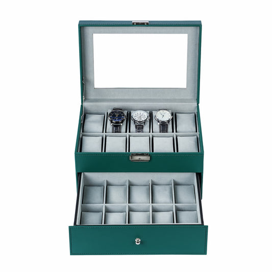 20 Compartments Double Layer Green PU Leather Watch Organizer Box