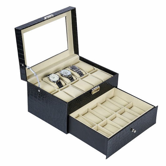 Watch Box Manufacturer 20 Slots Black Crocodile Grained PU Leather Watch Organiser Double Layer Case