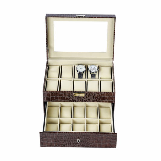 20 Slots Double Layer Brown Crocodile Grained PU Leather Watch Organizer Box