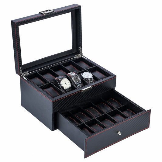 20 Slots Double Layer Black Carbon Fibre Polyurethane Watch Organizer Display Bpx with Red Sewing