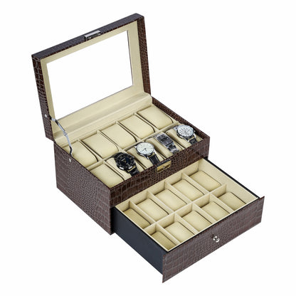 20 Slots Double Layer Brown Crocodile Grained PU Leather Watch Organizer Box