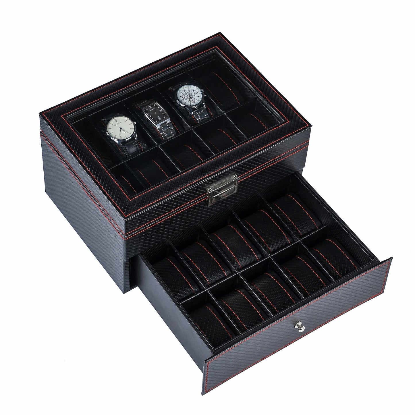 20 Slots Double Layer Black Carbon Fibre Polyurethane Watch Organizer Display Bpx with Red Sewing