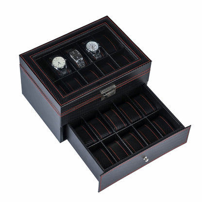 20 Slots Double Layer Black Carbon Fibre Polyurethane Watch Organizer Display Bpx with Red Sewing