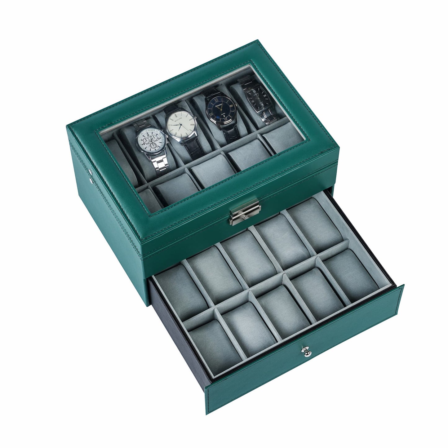 20 Compartments Double Layer Green PU Leather Watch Organizer Box