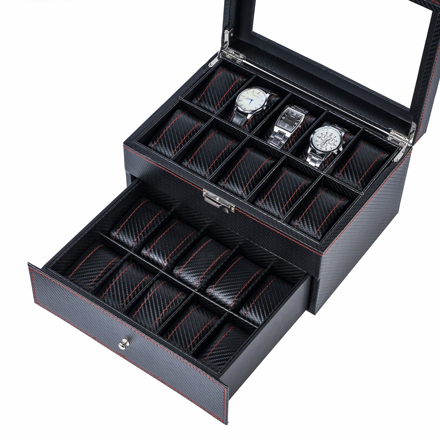 20 Slots Double Layer Black Carbon Fibre Polyurethane Watch Organizer Display Bpx with Red Sewing