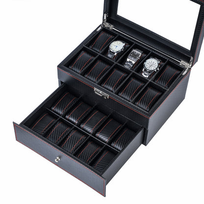 20 Slots Double Layer Black Carbon Fibre Polyurethane Watch Organizer Display Bpx with Red Sewing