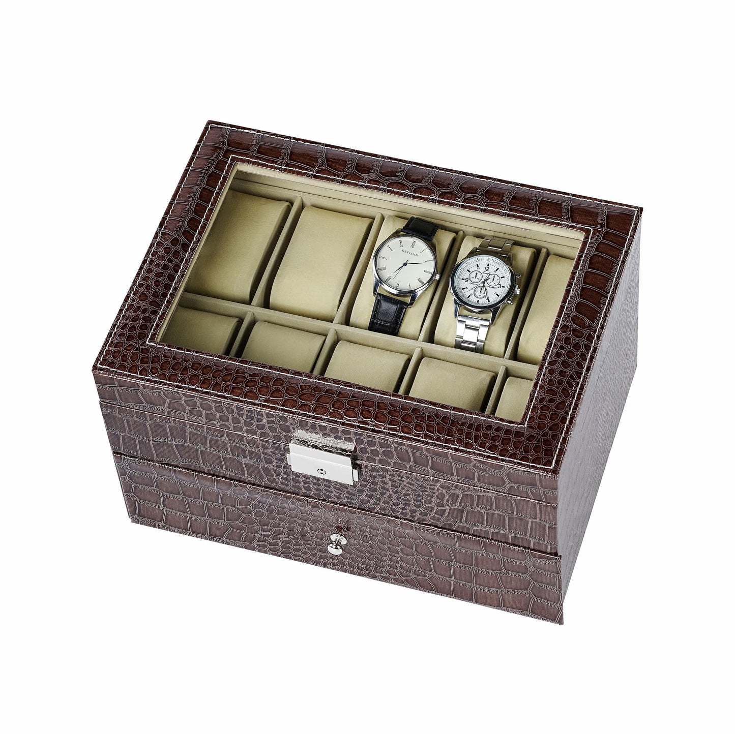 20 Slots Double Layer Brown Crocodile Grained PU Leather Watch Organizer Box