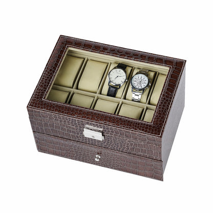 20 Slots Double Layer Brown Crocodile Grained PU Leather Watch Organizer Box