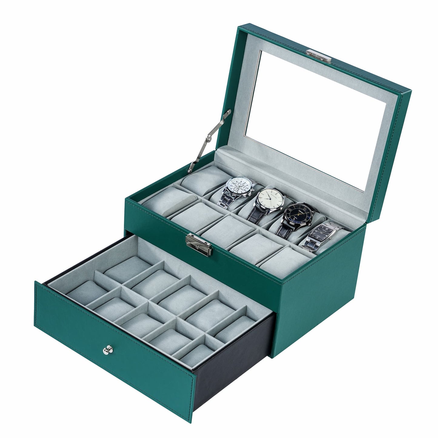 20 Compartments Double Layer Green PU Leather Watch Organizer Box