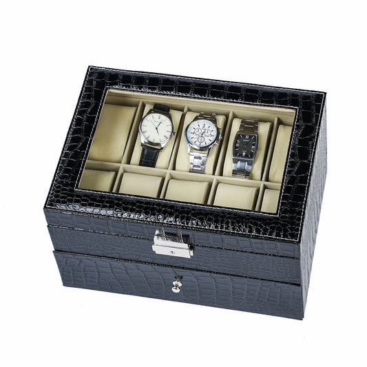 Watch Box Manufacturer 20 Slots Black Crocodile Grained PU Leather Watch Organiser Double Layer Case