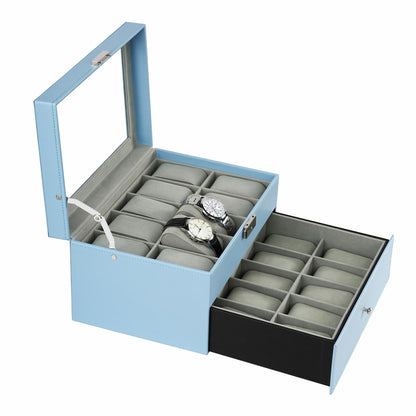 20 Compartments Double Layer Blue PU Leather Watch Organizer Box For Home Decoration