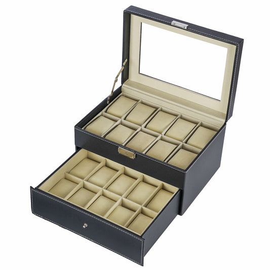 20 Slots Black Faux Pinstripe PU Leather Watch Organizer Double Layer Box