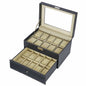 20 Slots Black Faux Pinstripe PU Leather Watch Organizer Double Layer Box