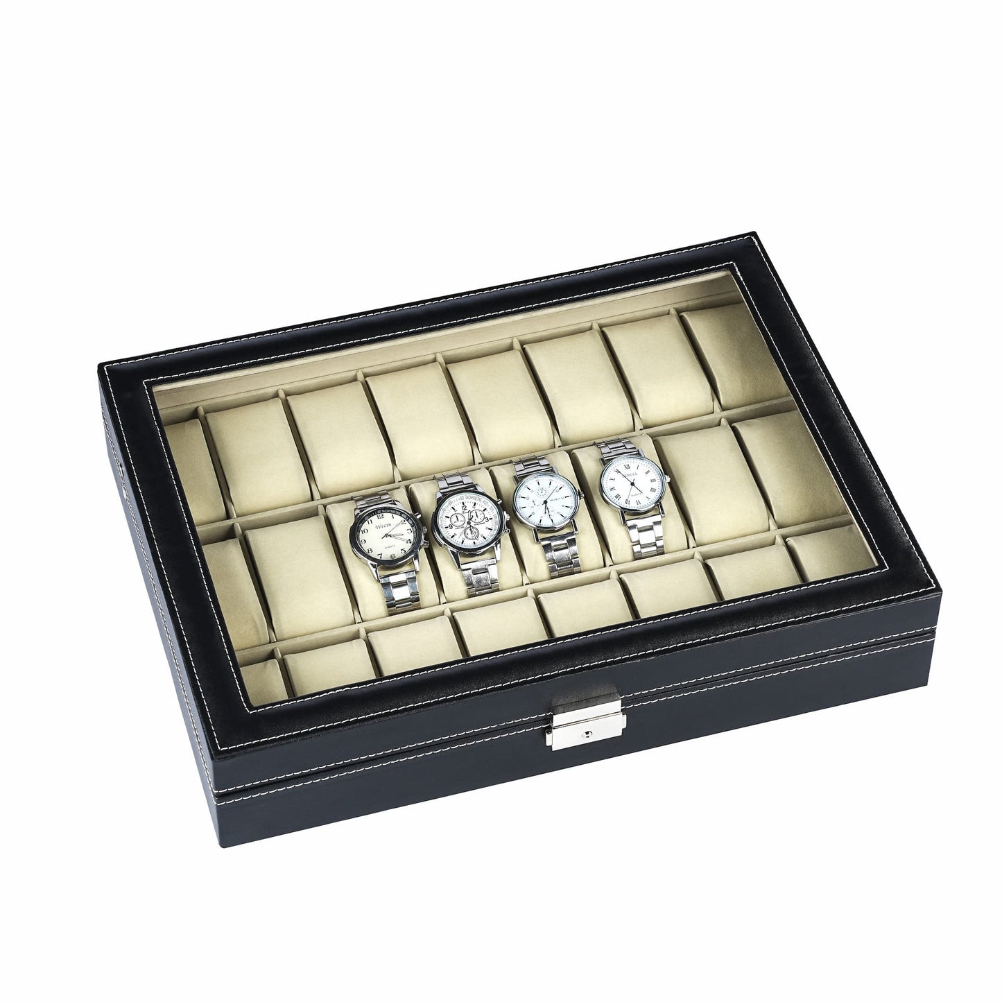 Black faux leather 24 slots watch storage box shop display or home decoration used watch organizer case with real glass lid
