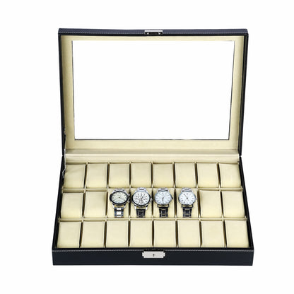 Black faux leather 24 slots watch storage box shop display or home decoration used watch organizer case with real glass lid