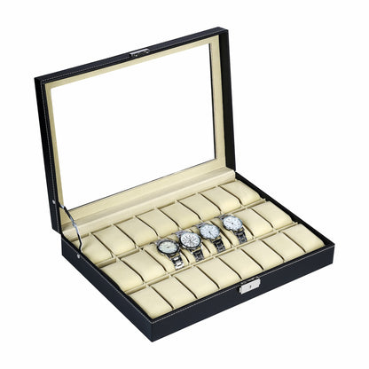 Black faux leather 24 slots watch storage box shop display or home decoration used watch organizer case with real glass lid
