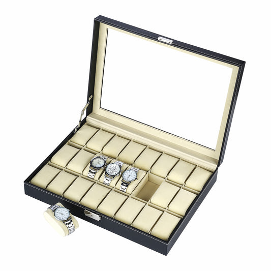 Black faux leather 24 slots watch storage box shop display or home decoration used watch organizer case with real glass lid