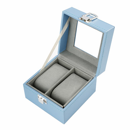 2 Slots Blue Faux Leather Watch Display Box New Arrival Wacth Storage Case With Real Glass Lid