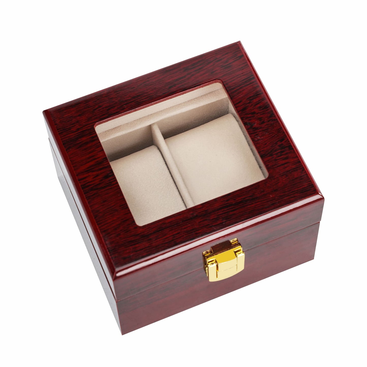 High Glossy 2 Slots Red Wood Lacquered Glass Lid Couple Wrist Watch Display Storage Box Case Organizer
