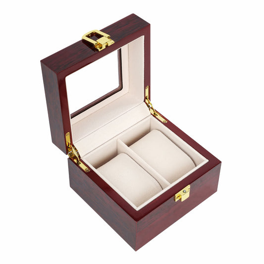 High Glossy 2 Slots Red Wood Lacquered Glass Lid Couple Wrist Watch Display Storage Box Case Organizer