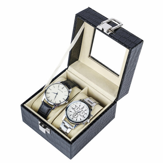 2 Slots Watch Organizer Box Black Crocodile Grained PU Leather Watch Box With Real Glass Lid For Display
