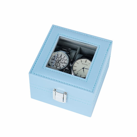 2 Slots Blue Faux Leather Watch Display Box New Arrival Wacth Storage Case With Real Glass Lid