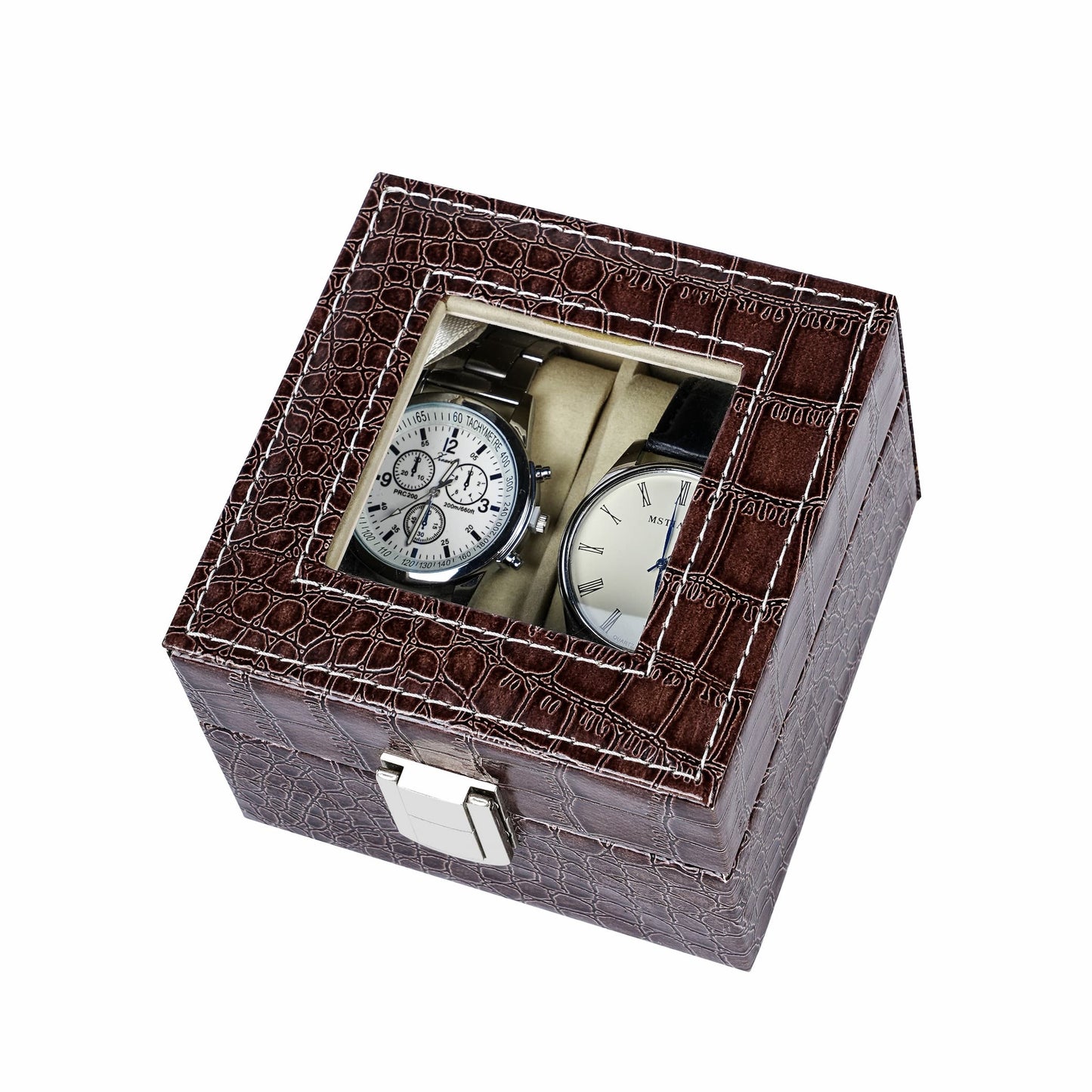 High quality 2 slots watch storage case brown crocodile grained pu leather watch box with factory price