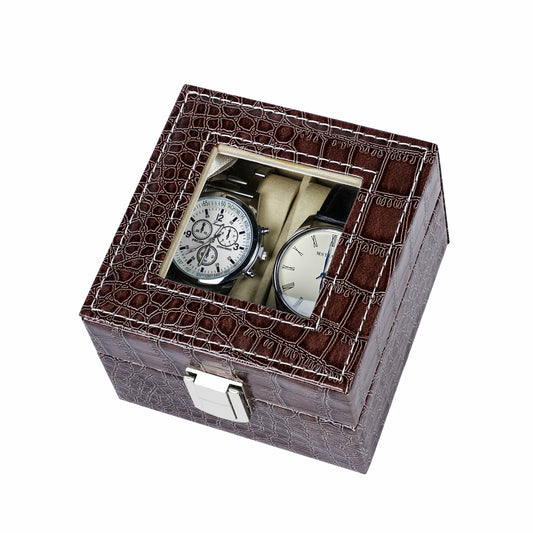 High quality 2 slots watch storage case brown crocodile grained pu leather watch box with factory price