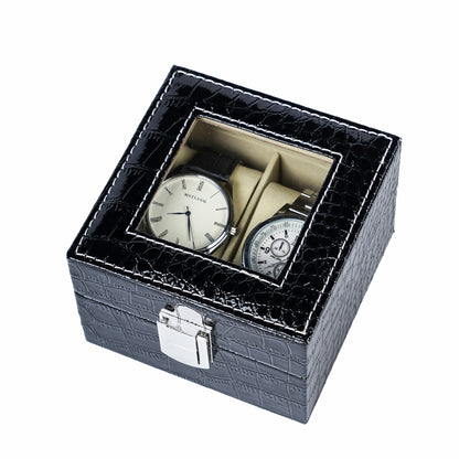 2 Slots Watch Organizer Box Black Crocodile Grained PU Leather Watch Box With Real Glass Lid For Display