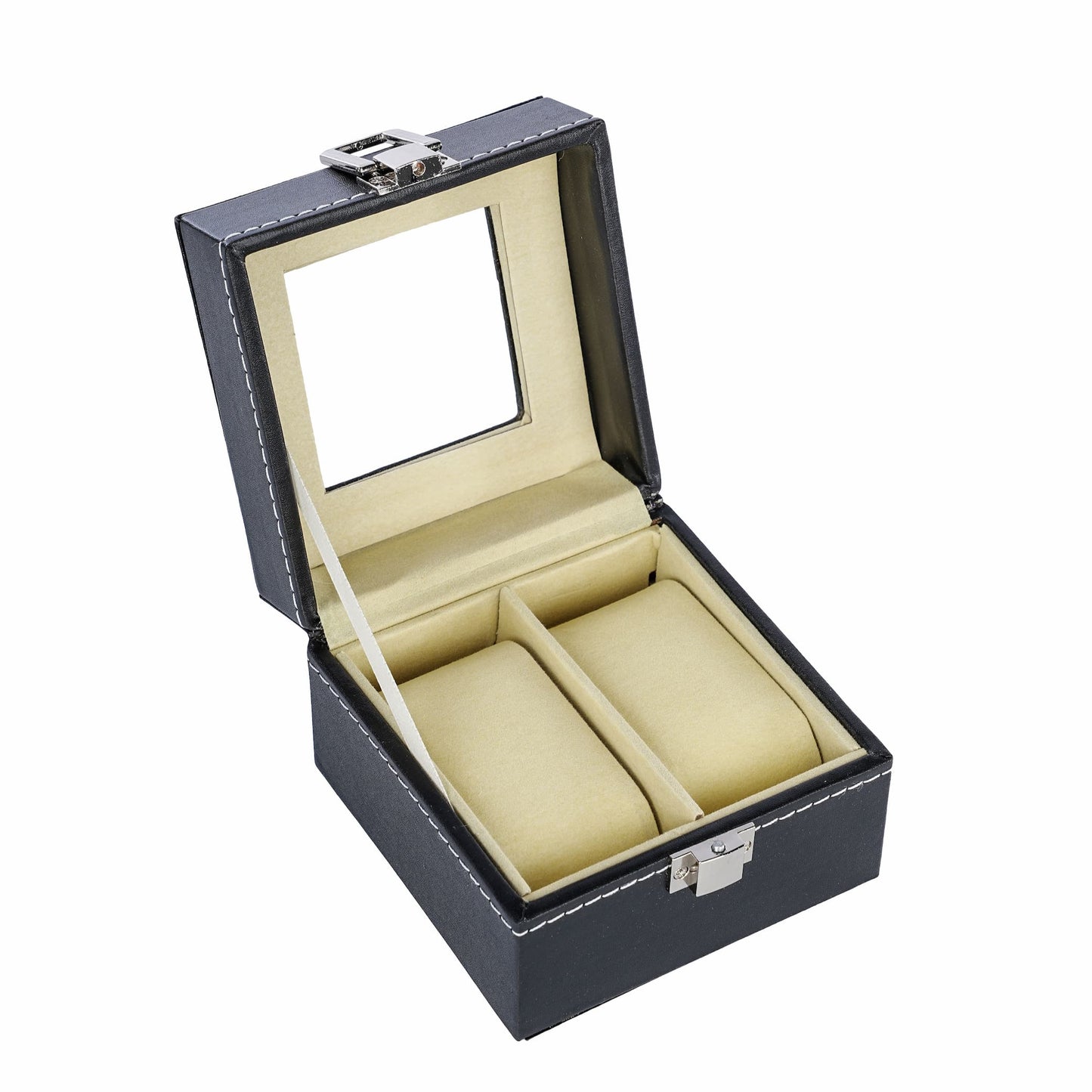 Faux leather 2 slots watch storage organizer box with real glass lid for men and women