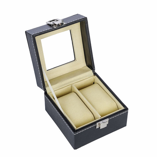 Faux leather 2 slots watch storage organizer box with real glass lid for men and women